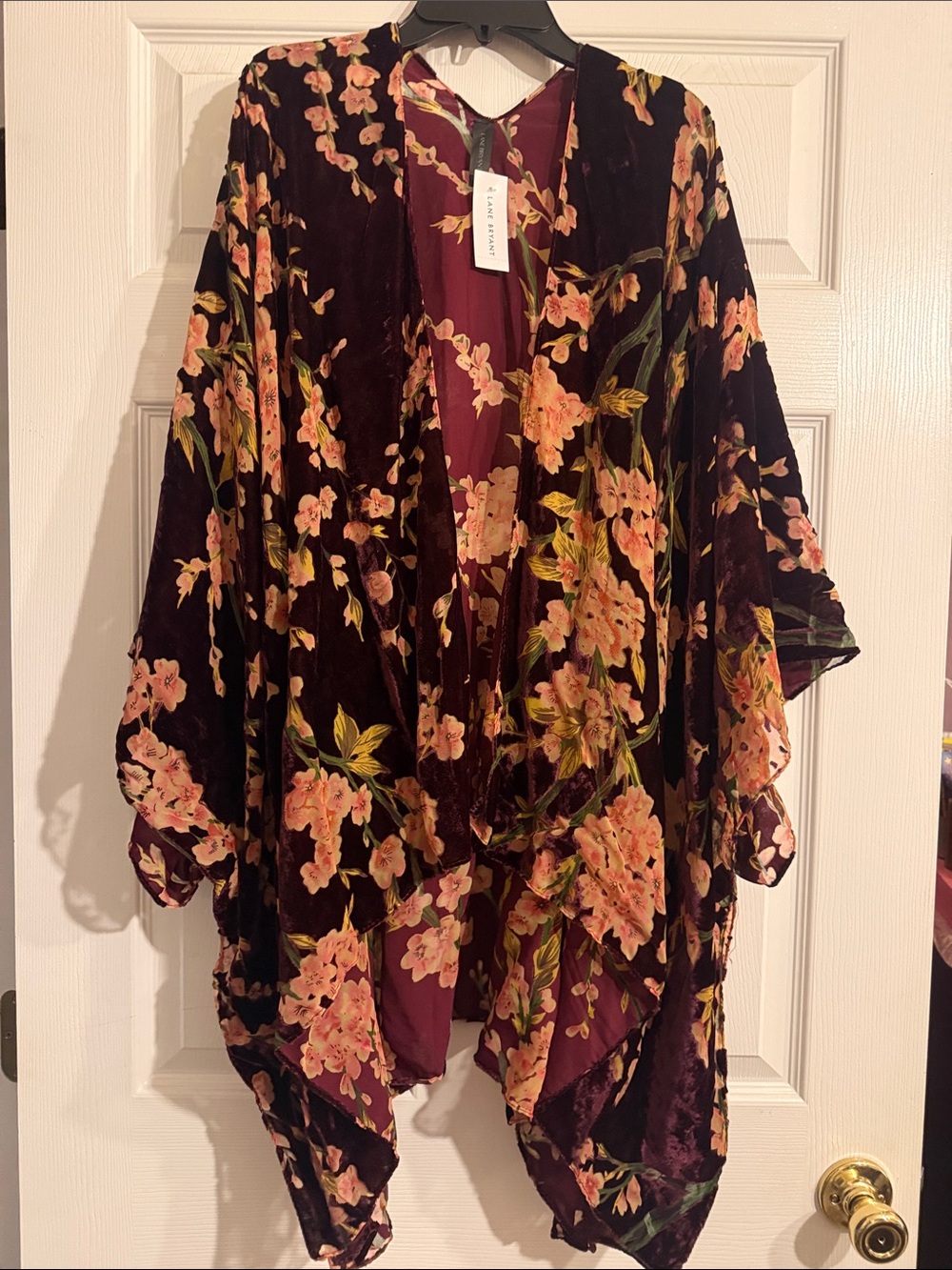 Lane Bryant Plus One Size Floral Burnout Ruana Topper Kimono Sleeve Burgundy NWT
